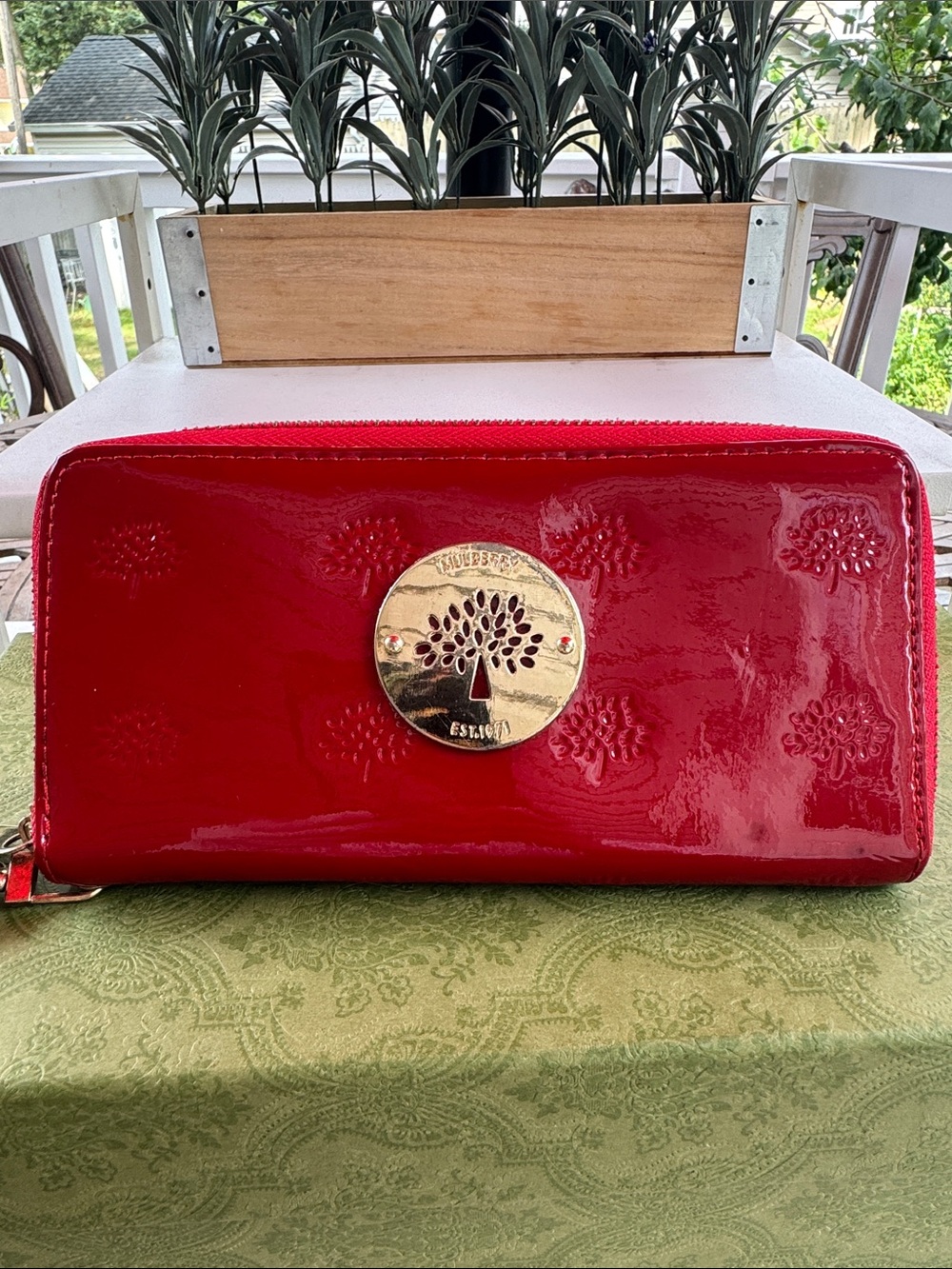 Mulberry Red Patent Zip-Around Long Wallet with Gold Tree Medallion